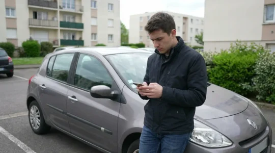 Jeune conducteur français consultant son smartphone près de sa voiture compacte dans un parking résidentiel