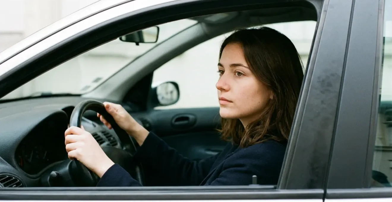 Jeune femme française au volant de sa voiture citadine réfléchissant au choix de formule assurance