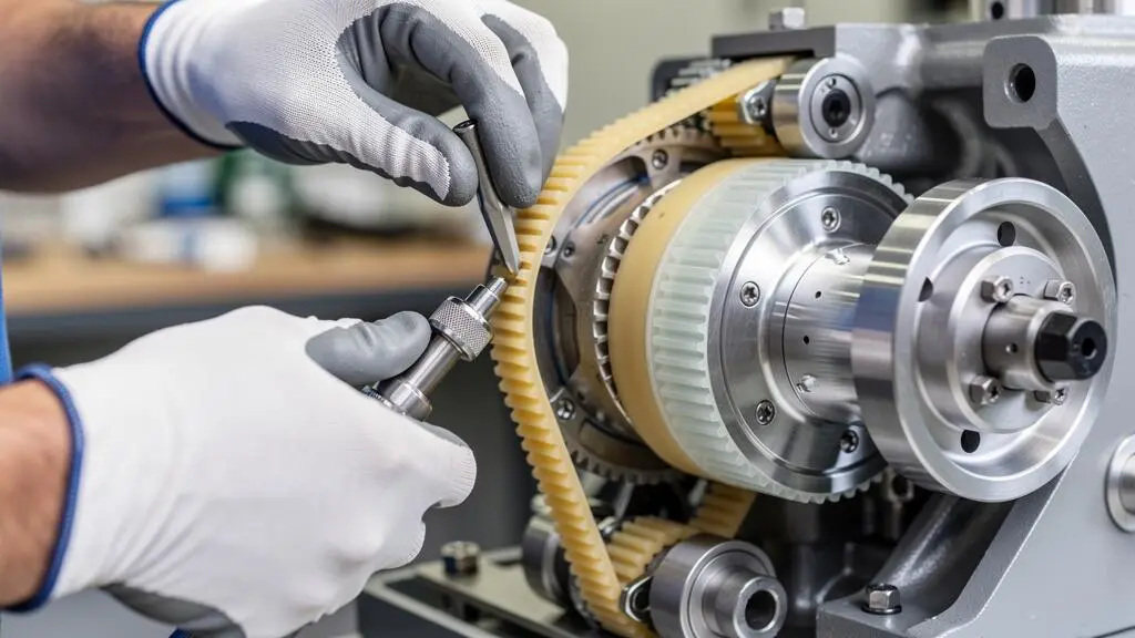 Installation de courroies Poly-V en polyuréthane sur un système de transmission compact de précision par un technicien spécialisé