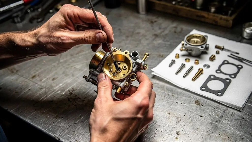 Mains de mécanicien démontant et nettoyant un carburateur Gurtner sur un établi d'atelier