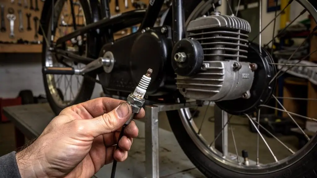 Main de mécanicien vérifiant l'état de la bougie d'allumage retirée du moteur auxiliaire Solex