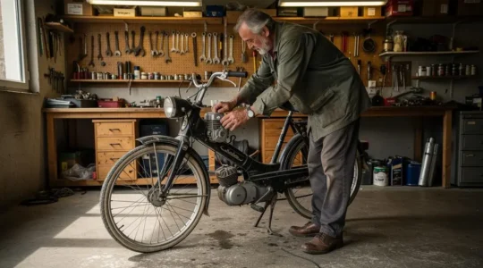 Passionné inspectant le moteur auxiliaire d'un VéloSolelex vintage dans son atelier personnel