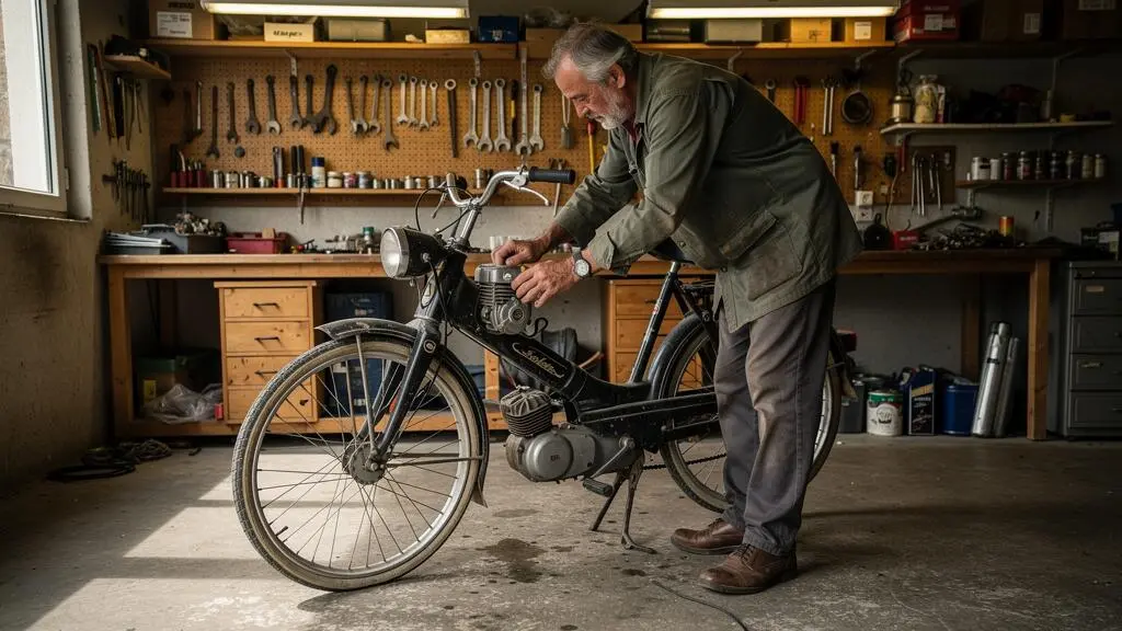Passionné inspectant le moteur auxiliaire d'un VéloSolelex vintage dans son atelier personnel